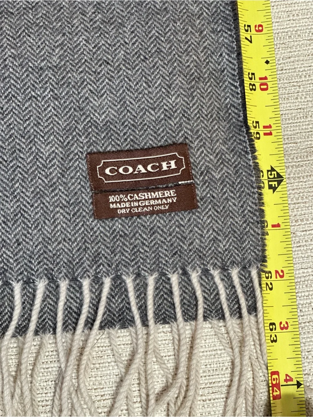 Coach 100% Cashmere Gray Herringbone Fringe Scarf | Made in Germany | Vintage